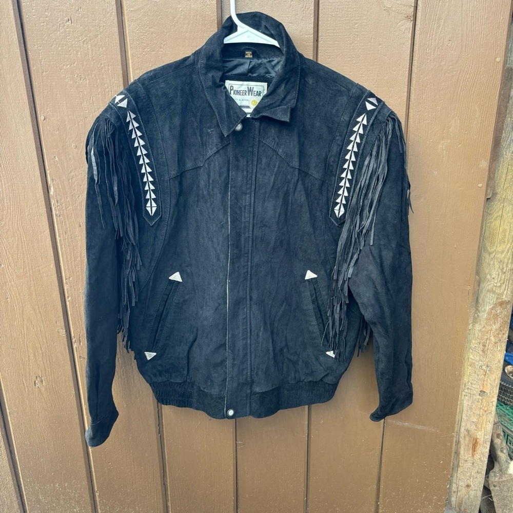 PioneerWear Sz M Men's Suede Leather Zip-up Chore Fringed Coat Jacket rodeo